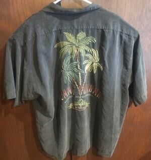 Tommy Bahama XL 100% Silk Embroidered Dark Grey Black Cocktail Hawaiian Shirt